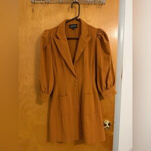 DANIELLE BERNSTEIN Rust-Orange Button Midi Dress with Puff Sleeves